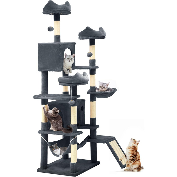 Кігтеточка YITAHOME 190 см, багатоярусна, з сизалю, з гамаком та лежаками, сіра – центр активності для котів
