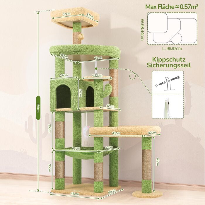 Комплекс для котів Globlazer Kratzbaum 165 см для великих котів: будиночок, платформа 48x42 см, гамак, стовпчики, стійкий, зелений