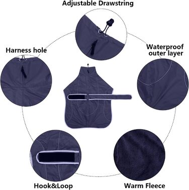MOREZI Зимовий теплий одяг для собак Віндхунд, Віппет, з підкладкою з флісу, водонепроникна куртка для собак з регульованими ремінцями та світловідбиваючими елементами, Navy, L (довжина спини 61-64см)