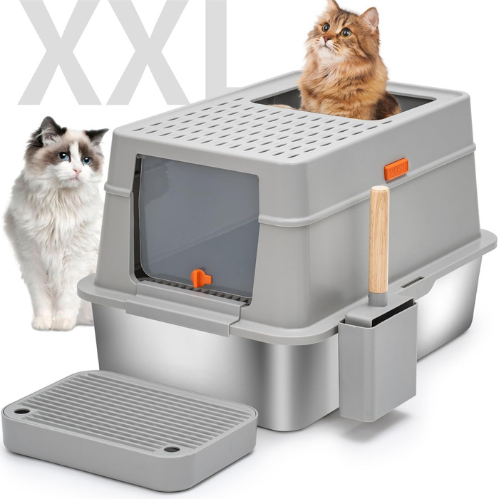 Великий котячий туалет з кришкою KMNSUN XXL, 30 л, з нержавіючої сталі, з двофільтровою системою та совком, високий бортик, не протікає, сірий