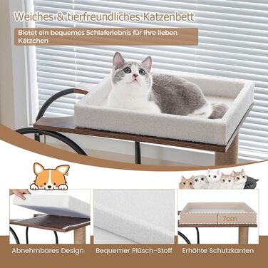 Дерев'яний кігтеточки COSTWAY з будиночком для котів, 118 см, з лежаком та іграшкою, металевий каркас, 4 рівні, вінтажний дизайн (білий)