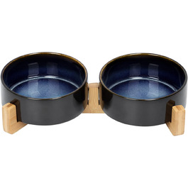 Набір мисок для собак та котів SPUNKYJUNKY з кераміки, 2 шт., 400 мл, блакитний, з підставкою з бамбука