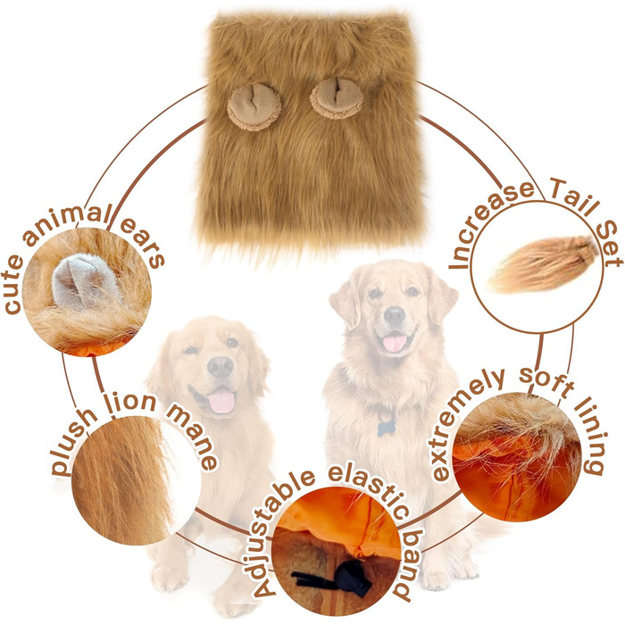 Костюм лева для собак середніх та великих порід, реалістична грива, костюм для Хелловіну, фотосесій, розваг, світло-коричневий, розмір L + хвіст, світло-коричневий L