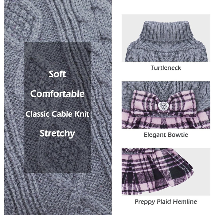 Теплий собачий светр з коміром-роллером для собак малих та середніх порід, в клітинку, сірий