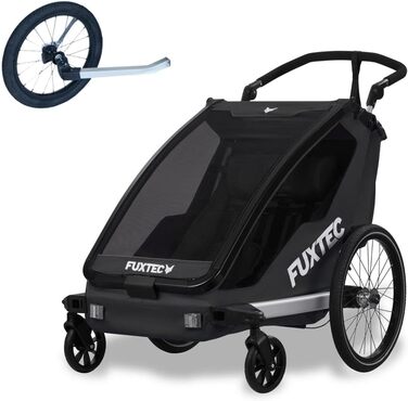 Fuxtec 2в1 Причіп для велосипеда Buggy з колесом для бігу FX-FA1-SET для 2 дітей з алюмінію - Складаний дитячий причіп з захистом від дощу та сонця (Чорний)