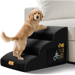 Сходинки для собак, 4 ступені, знімний поручень, неслизьке покриття, для ліжка та дивану, з високощільним губчастим наповнювачем (чорний)