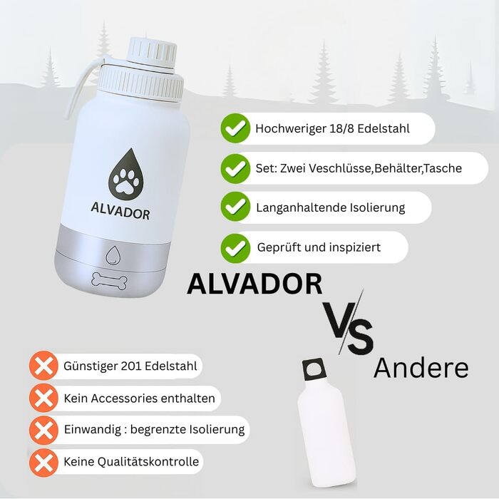 Водяна пляшка для собак на 1000 мл з мішком, 4-в-1, нержавіюча сталь, ізольована, без витоку, BPA-free з мисками для води та їжі, аксесуари для собак для прогулянок та походів (кремово-білий)