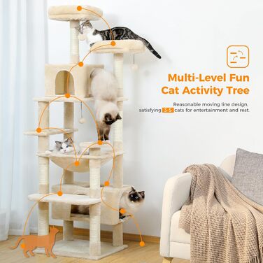 PAWZ Road Дряпка для котів велика, 184 см, 7 стовпів сизалю, гніздо, кошик, для дому, бежевий