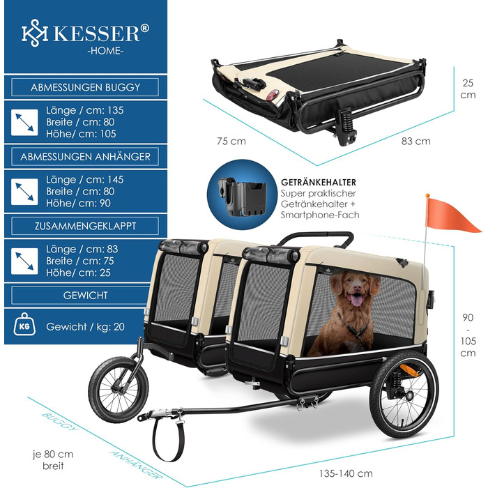 Універсальний візок для собак 3-в-1 KESSER Boxer: собачий buggy, джоггер та велосипедний причіп, об'єм 240 л, амортизація, переднє колесо 360°, тканина 600D Oxford, до 40 кг