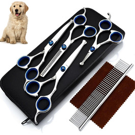 Набір професійних ножиць для собак та котів: ножиці з нержавіючої сталі, ножиці для фінальної обробки, прямі та вигнуті ножиці, гребінець для грумінгу