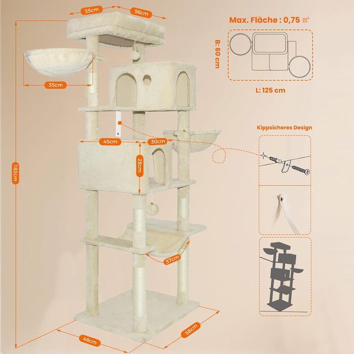 Котячий комплекс LEEJARD XXL: великий дерев'яний будиночок з платформами, когтеточками, будиночком, гамаком, іграшками та захистом від перекидання (180 см, бежевий)