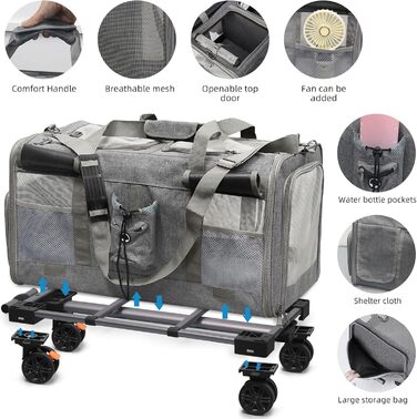 Переноска для котів велика, на колесах, 2-в-1 з відділеннями, з іграшкою та ремінком (сіра)