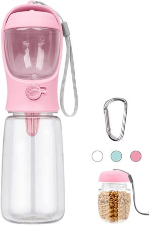 Водяна пляшка для собак на прогулянці, портативна, BPA-free, 550 мл + 100 мл, витокозахисна, для подорожей, біла/рожева