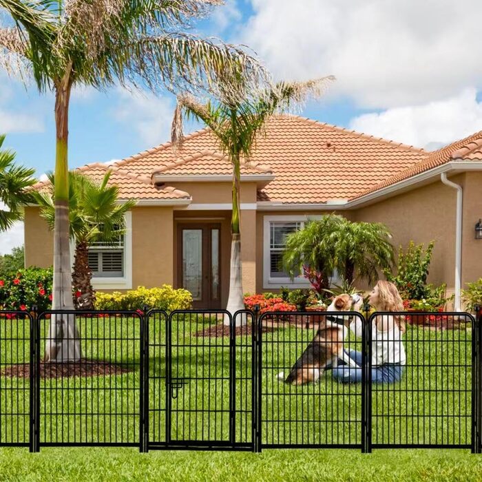 Захисний загін для собак ADAVIN: сталевий загін для саду, 61 см (В) × 3 м (Д), 4 панелі + ворота, чорний, міцний, для внутрішнього та зовнішнього використання