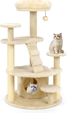 Дерев'яний кігтечка для котів Costway з будиночком, сходами, платформами та іграшкою (світло-бежевий)