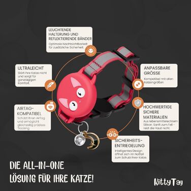 Нашийник для кота KittyTag з аксесуарами, сумісний з Apple Airtag, світловідбиваючий та світловий, GPS, з захистом від задушення, регульований (червоний)