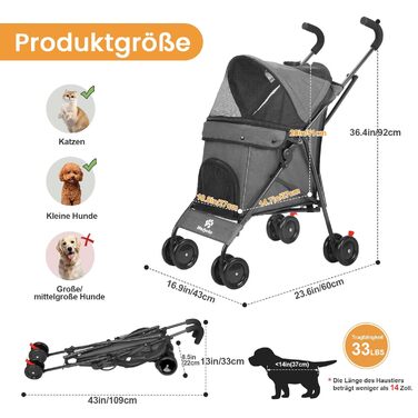 Візок для собак Hundebuggy: легкий, складаний, для собак вагою до 9 кг, з кошиком та тримачем для напоїв, темно-зелений (сірий)