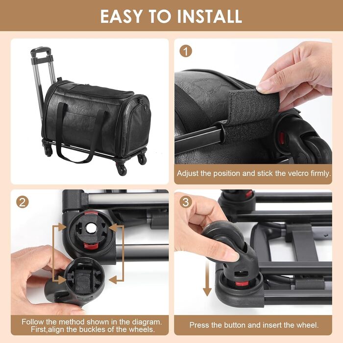 Сумка-переноска для тварин з екошкіри на колесах, для собак та котів до 6,8 кг, підходить для авіаперельотів, кемпінгу (чорна)