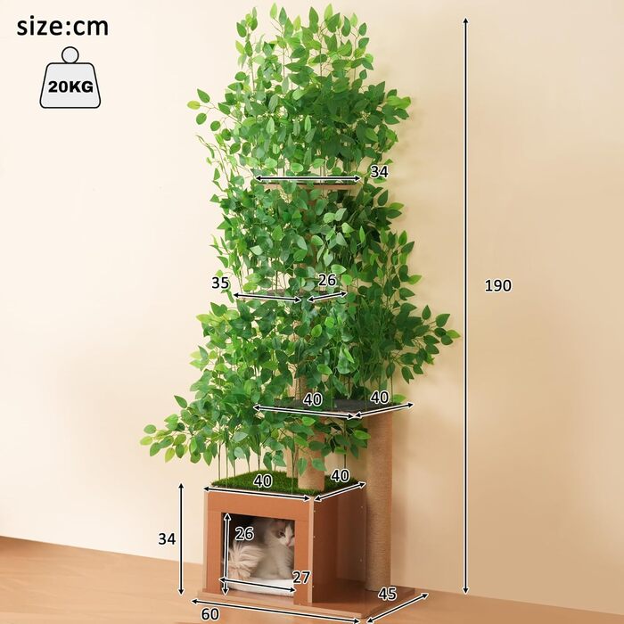 Кігтеточка для котів CareCooo 135 см з 12 стержнів, стабільна, з будиночком, сизаль, захист від перекидання, водонепроникна, для великих котів, коричнево-біла (зелений + МДФ, XL)