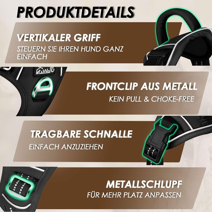 Шлейка для собак великих порід, анти-тяга, з 2 карабінами та зручною ручкою, регульована та світловідбиваюча, з м'якою підкладкою, для щоденних тренувань (Чорний, L)