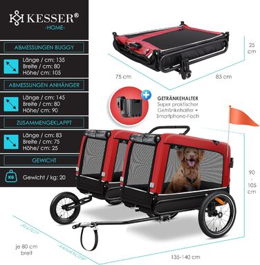 Великий велосипедний причіп для собак KESSER Boxer 3-в-1, 240 л, амортизований, 600D Оксфорд, до 40 кг