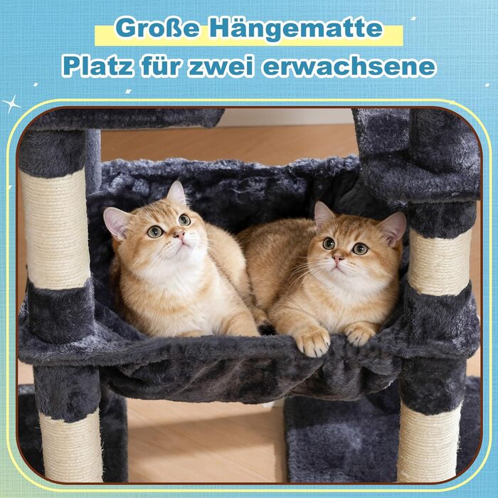 Котячий будиночок Hey-brother Kratzbaum: велика платформа, 2 печери, гамак, сизаль, кошик, 127 см, MPJ071W (димно-сірий)