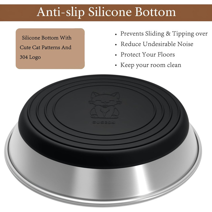 Набір з 2 нержавіючих мисок для котів та цуценят, широкі та плоскі, з антиковзною основою