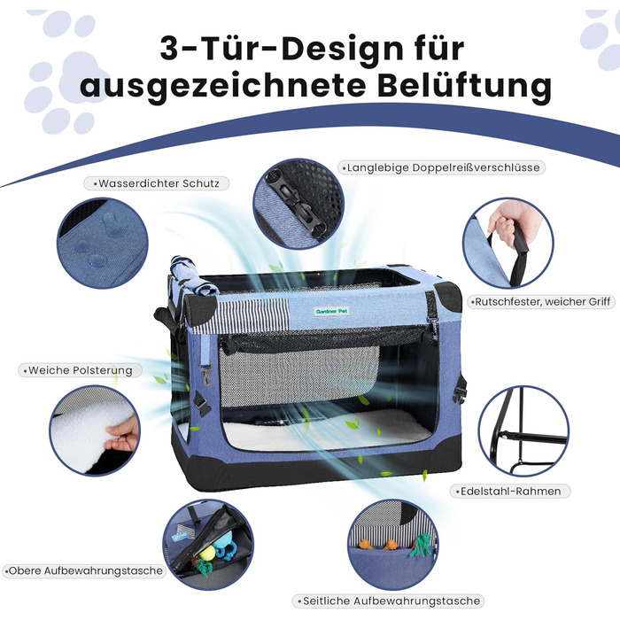 Складана переноска для собак Gardner Pet Hundebox, 66x48x48 см, з ручками та ковдрою для котів та собак до 15 кг, блакитна