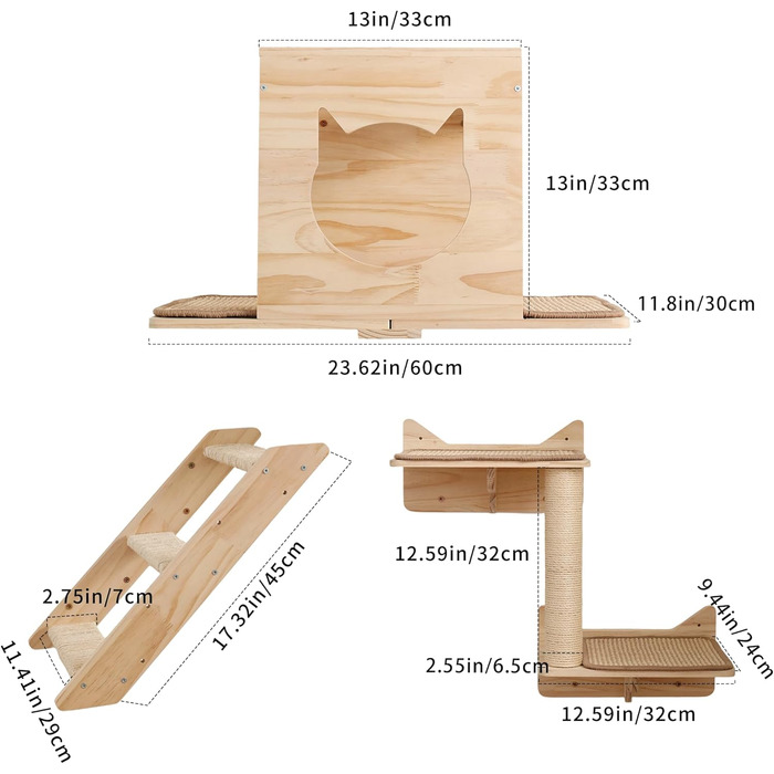 Котячий комплекс на стіну MIUZMORE: 7 елементів, котячі полиці та стійки для дряпання з високого сизалю, кріплення на стіну, котячий крізь-дерево, компактні меблі для дому.