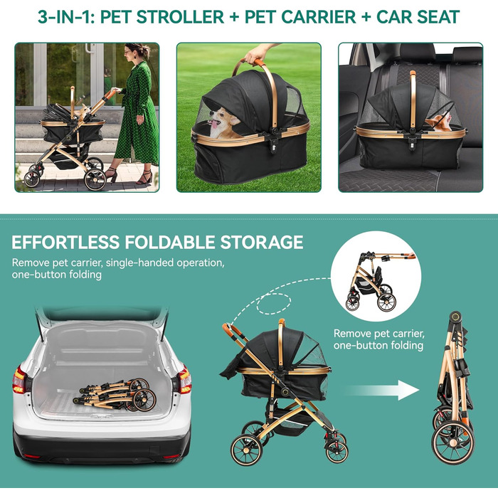 Візок для собак YITAHOME 3 в 1: візок, переноска, прогулянковий візок. До 22 кг, складний, для маленьких собак та котів (чорний)