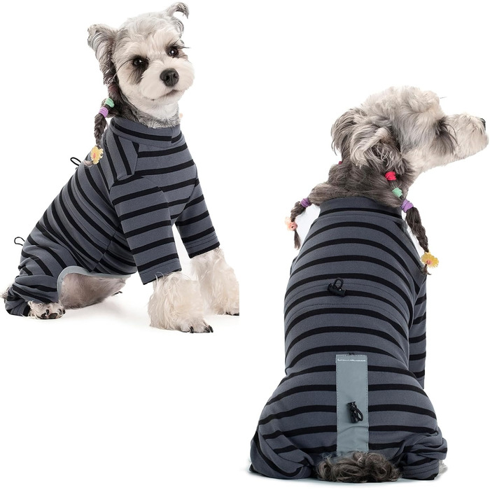 Зимовий теплий одяг для собак: теплий пуловер з бавовни, смугастий, регульований, світловідбиваючий, для малих та середніх собак, сірий, розмір M