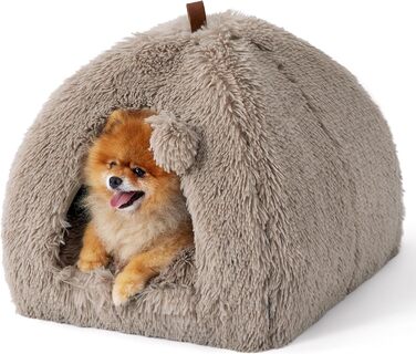 Кішечка БЕДСЮР: велике ліжко-будиночок для котів 40x40x40 см, плюшеве, з подушкою та іграшкою, миється, (44x44x44 см, верблюжий)