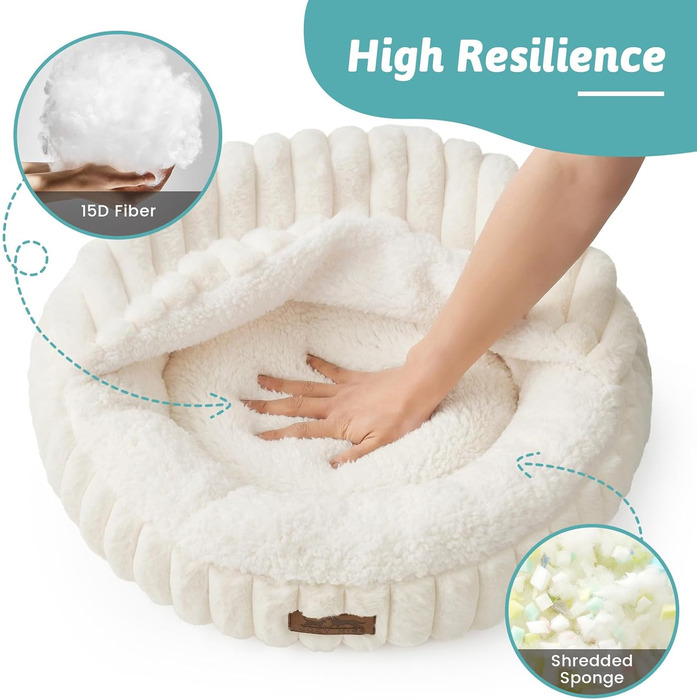 Зимове ліжко для котів з ковдрою, м'яке ліжко-пончик для собак та котів, тепла затишна печерка з підтримкою голови та шиї, штучне хутро, можна прати (кремовий, 58x58x15 см)