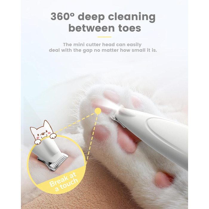 PAPMINI Безшумна машинка для стрижки котів з LED-дисплеєм, Type-C, акумулятор, бездротова когтерезка для котів, професійна машинка для стрижки лап, вух, обличчя, спини (біла)