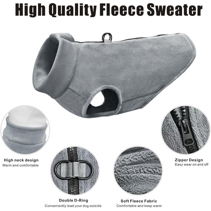 Тепла флісова жилетка для собак Idepet з блискавкою, зимова жилетка-пуловер для маленьких та середніх собак, з кільцем для повідка (Сірий, XXL)