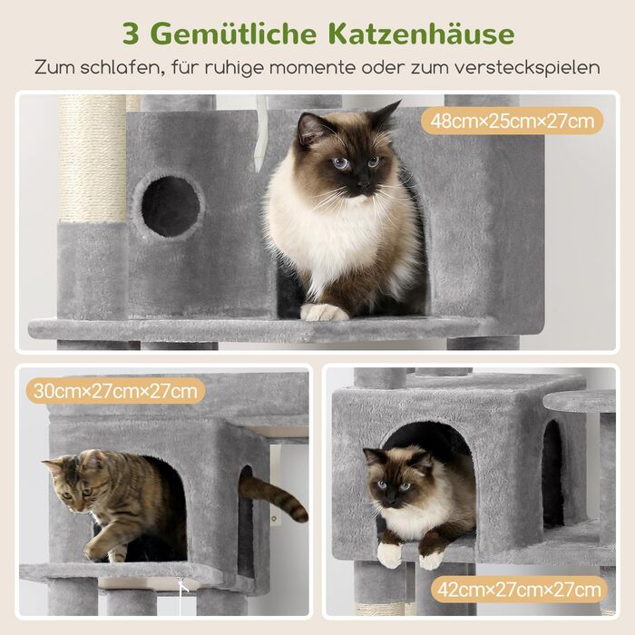 Драбина-стіл для котів Globlazer з 3 будиночками, платформа, 5 сизалевих стовпчиків, кошик та іграшками, 168 см, сірий