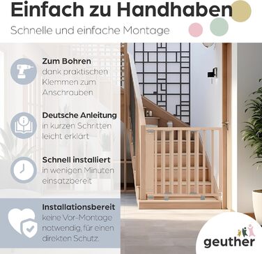 Захист для сходів Geuther Oris | Дверний захист для сходів з кріпленням, 2 клямки для поручнів, ширина регулюється | Стабільне дерев'яне дитяче ворота, натуральний лак (натуральний, 95-135 см)