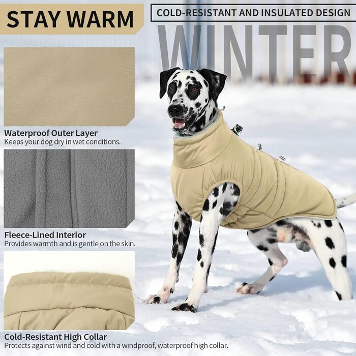 Водонепроникний теплий зимовий одяг для собак - куртка-манжетка з отвором для шлейки, армійський камуфляж, для собак маленьких, середніх та великих порід, з світловідбиваючими смугами, блискавкою (S, Абрикосовий)