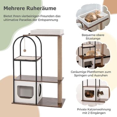 Дерев'яний кігтеточки COSTWAY з будиночком для котів, 118 см, з лежаком та іграшкою, металевий каркас, 4 рівні, вінтажний дизайн (білий)