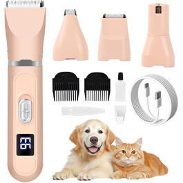 Набір для стрижки собак та котів 4-в-1: стрижка, триммінг, шліфування кігтів. Безшумна машинка для грумінгу домашніх тварин. Білий/Рожевий