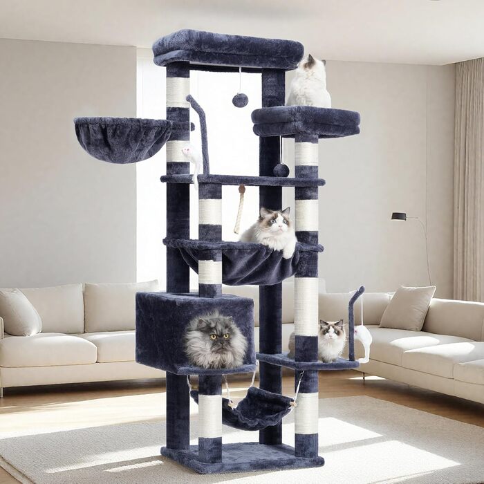 Великий котячий будиночок Kratzbaum GCT031W: 200 см, сірий, з платформами, гамаком та сизалевими стовпчиками для дому