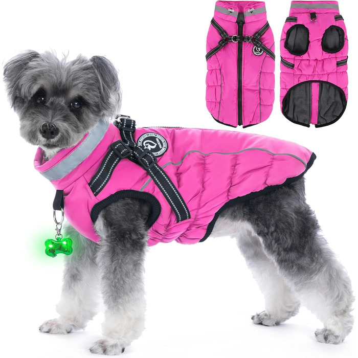 Зимовий одяг для собак, теплий водонепроникний одяг для собак з шлейкою, світловідбиваючі смуги, LED-ошийник, зимові куртки та одяг для маленьких та середніх собак, рожевий, розмір S