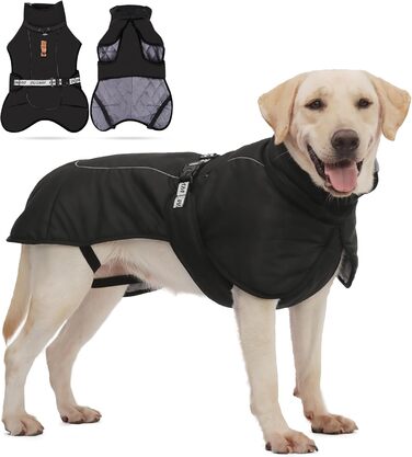 Зимовий теплий одяг для собак ALLSOPETS з відбиваючими елементами, чорного кольору, розмір 2XL. Вітронепроникна куртка для великих та середніх собак з регульованим поясом та кільцем для повідка.