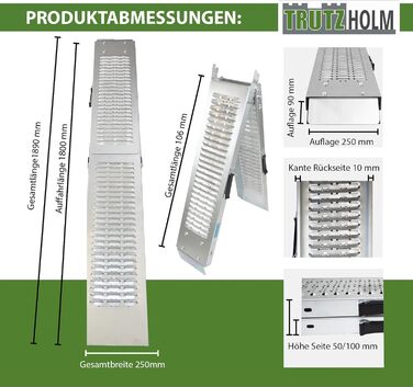 Рампа для навантаження TRUTZHOLM, 189 см, 200 кг, сталь, сіра, з рифленням