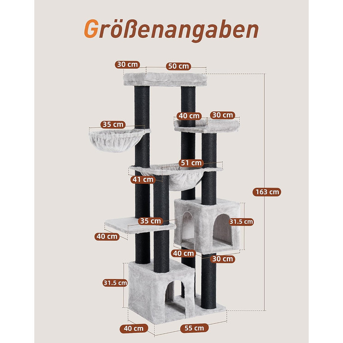 Великий котячий будиночок Kratzbaum Groß: 164 см, для великих котів (Maine Coon), стабільний, з гамаком, платформами та печерею