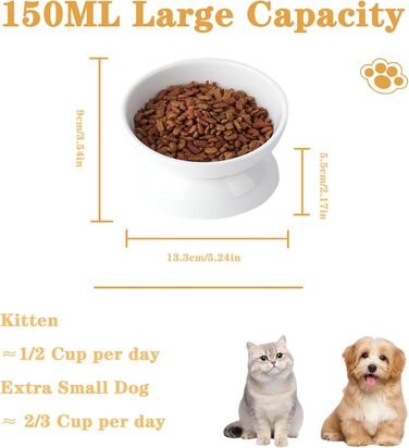 Підвищений годівниця для котів та маленьких собак, кераміка, антиблювання, 150 мл, 1 шт. (білий)