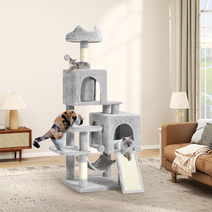 Кігтеточка YITAHOME XL, 137 см, з 2 сизалевими стовпцями, 1 платформою, 2 печерами, гамаком, іграшками-м'ячиками та кігтедробилкою. Ідеальний кімнатний комплекс для котів, сірий колір.