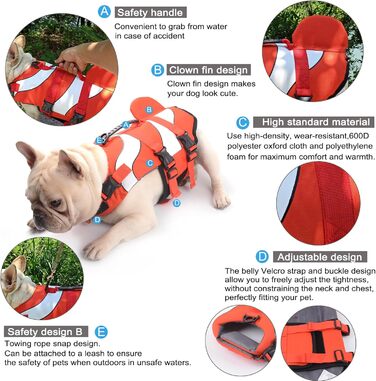 Рятувальний жилет для собак Hifrenchies Французький бульдог, розмір M, дизайн 'Клоун-рибка'