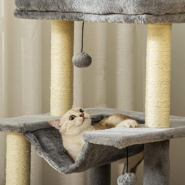 Дряпак для котів PawHut 90 см, з гамаком, ігровий комплекс, котяча хатка, платформи, плюшевий та сизалевий килимок, сірий
