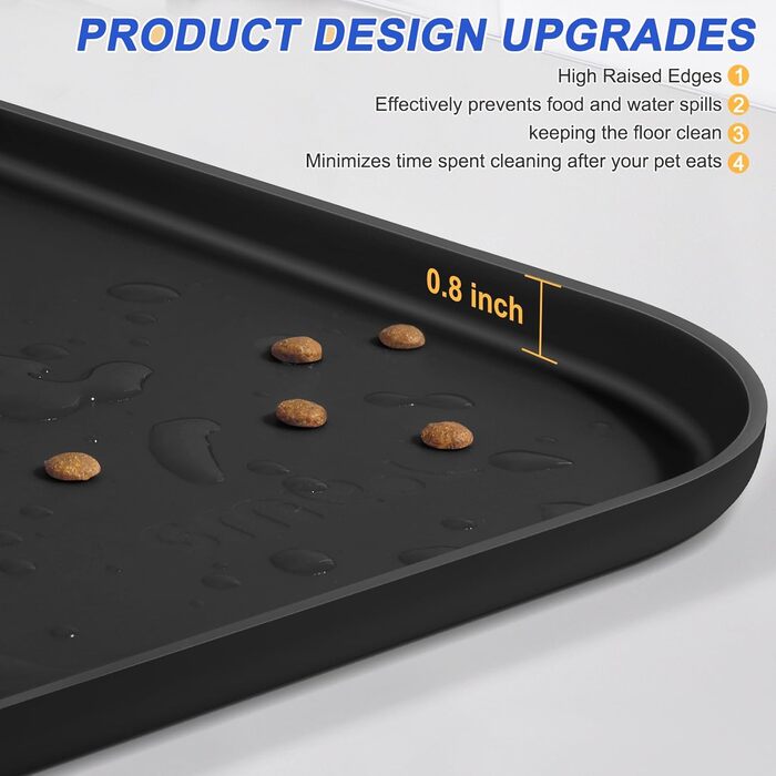 Силіконовий килимок для корму домашніх тварин з піднятим бордюром, миски для собак та котів, килимок-підставка для годівниці з високим бордюром, водовідштовхувальний, гумовий, 24x16x0,8 см (24 x 16 x 0.8 дюймів, чорний)